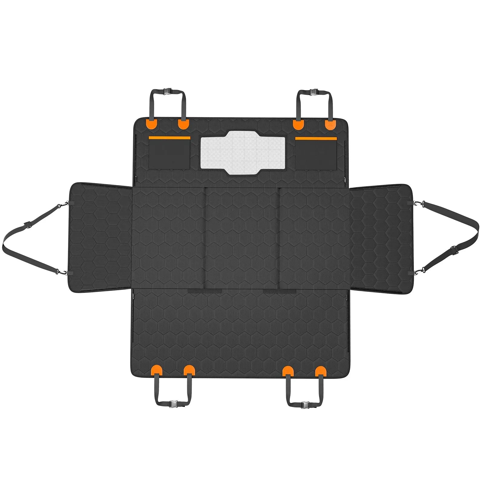 Housse de siège auto pour chien avec extension de banquette arrière, fenêtre en filet et poche de rangement, supporte jusqu'à 159 kg (350 lbs) et sert également de hamac pour chien.