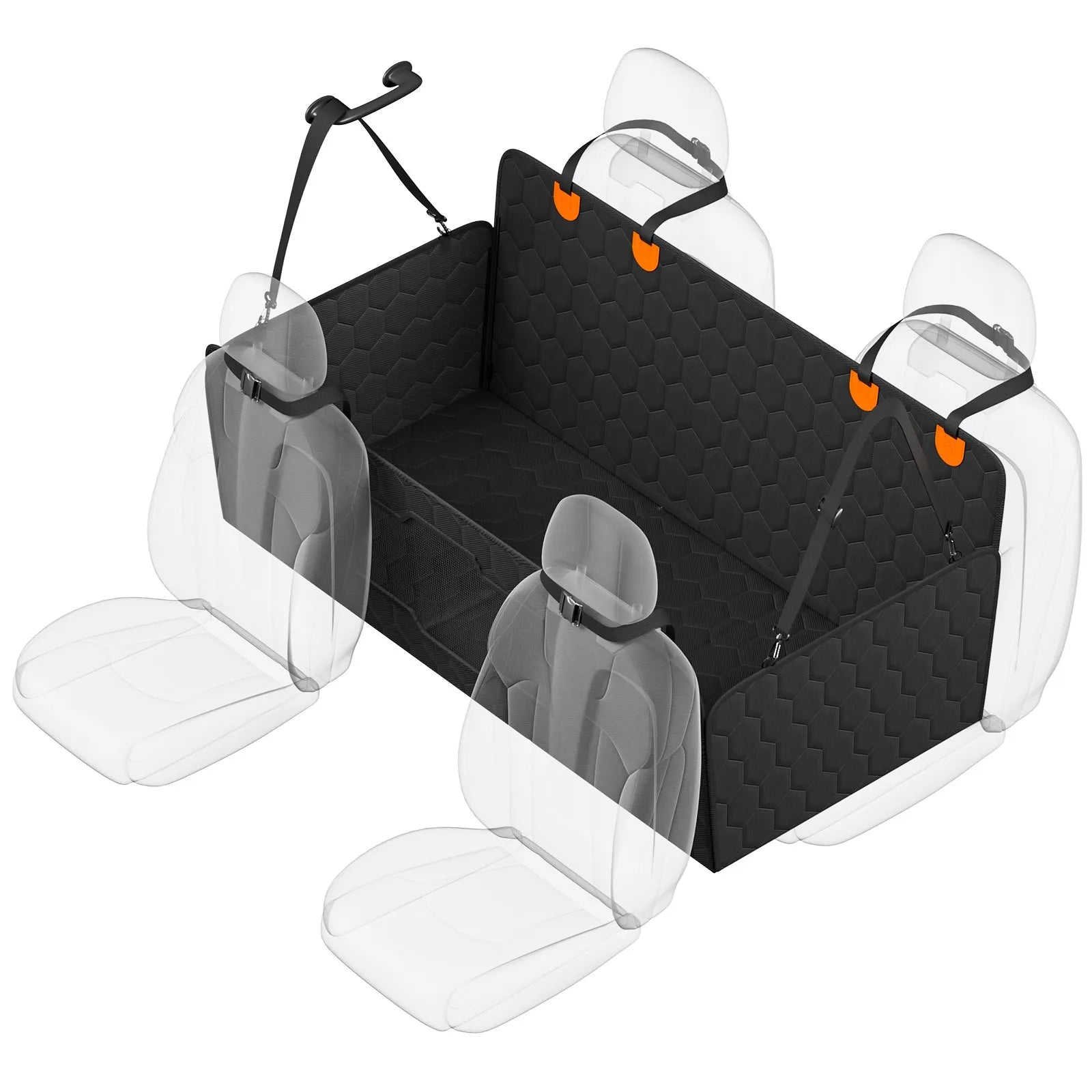 Housse de siège auto pour chien avec extension de banquette arrière, fenêtre en filet et poche de rangement, supporte jusqu'à 159 kg (350 lbs) et sert également de hamac pour chien.