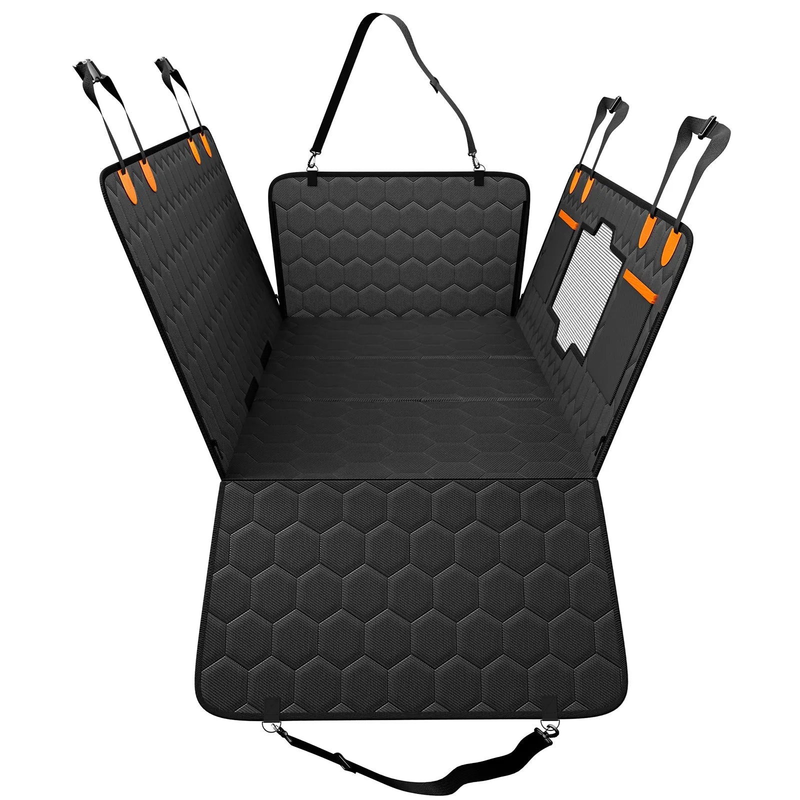 Housse de siège auto pour chien avec extension de banquette arrière, fenêtre en filet et poche de rangement, supporte jusqu'à 159 kg (350 lbs) et sert également de hamac pour chien.